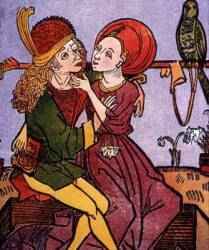 Prostituta robando a un joven cliente. Grabado del siglo 16